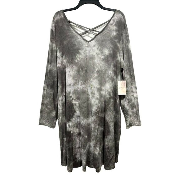A Beautiful Soul Tie Dye Tunic Dress Dusty Olive Stretch‎ Knit V-Neck L/S NWT - Picture 3 of 12